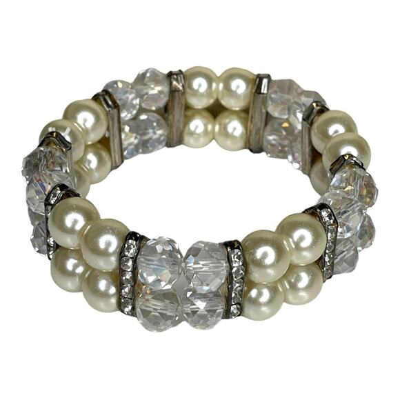 Silver Tone Faux Pearl, Rhinestone and Crystal Bead Bracelets Fashion Jewelry - Picture 2 of 10